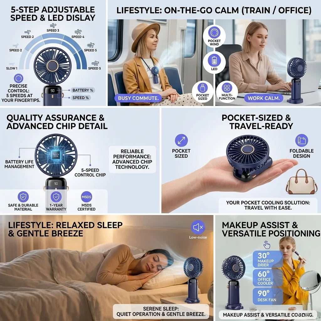 5-in-1 Portable Mini Fan with Smart Digital Display | USB-C Rechargeable Handheld & Desk Fan