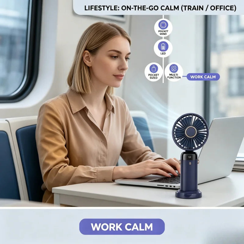 5-in-1 Portable Mini Fan with Smart Digital Display | USB-C Rechargeable Handheld & Desk Fan