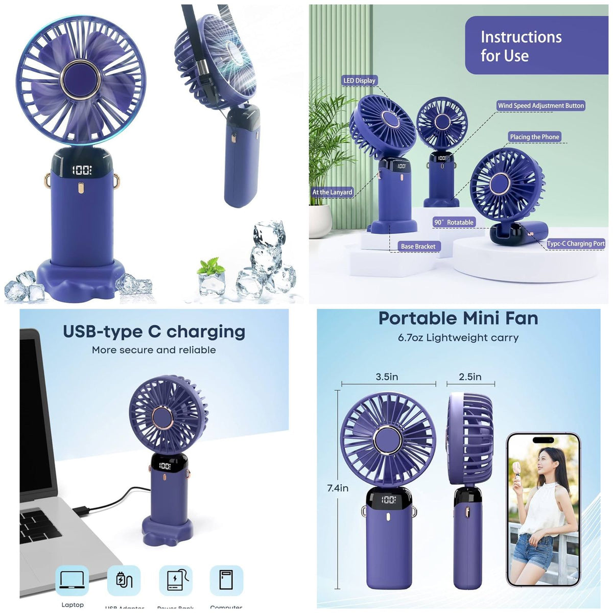 5-in-1 Portable Mini Fan with Smart Digital Display | USB-C Rechargeable Handheld & Desk Fan