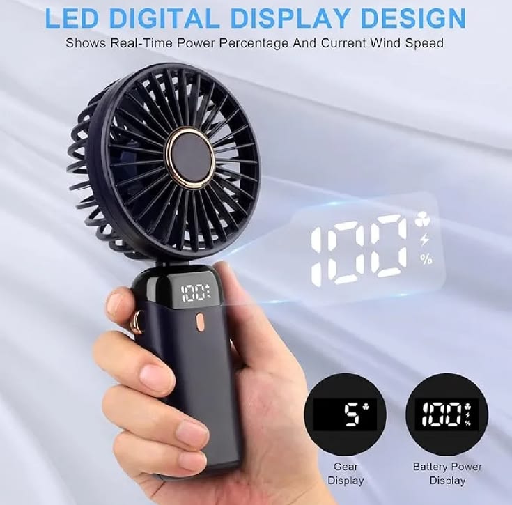 5-in-1 Portable Mini Fan with Smart Digital Display | USB-C Rechargeable Handheld & Desk Fan