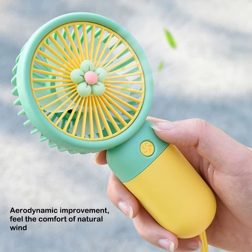 Cute Portable Mini Rechargeable Fan For Kids With Desktop Stand & USB Charging Cable