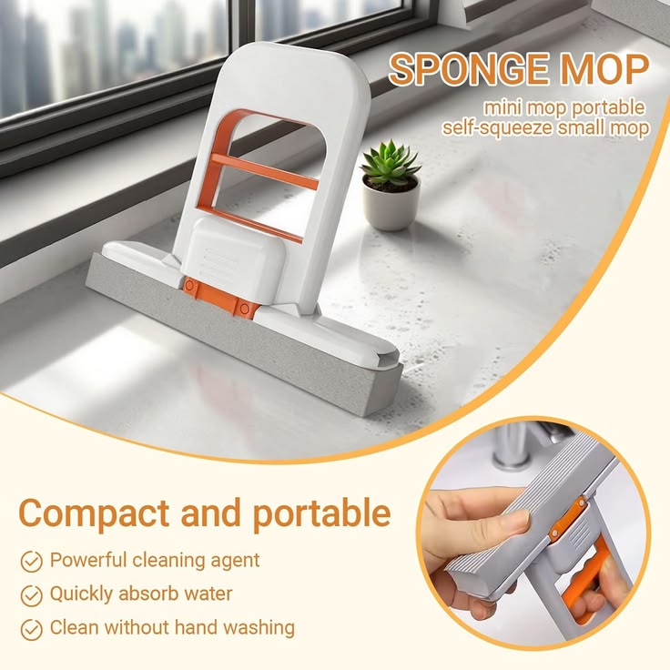 Portable Mini Sponge Mop - Self-Squeeze Foldable Cleaning Mop for Kitchen, Bathroom, Glass & Car (Wet & Dry Use)